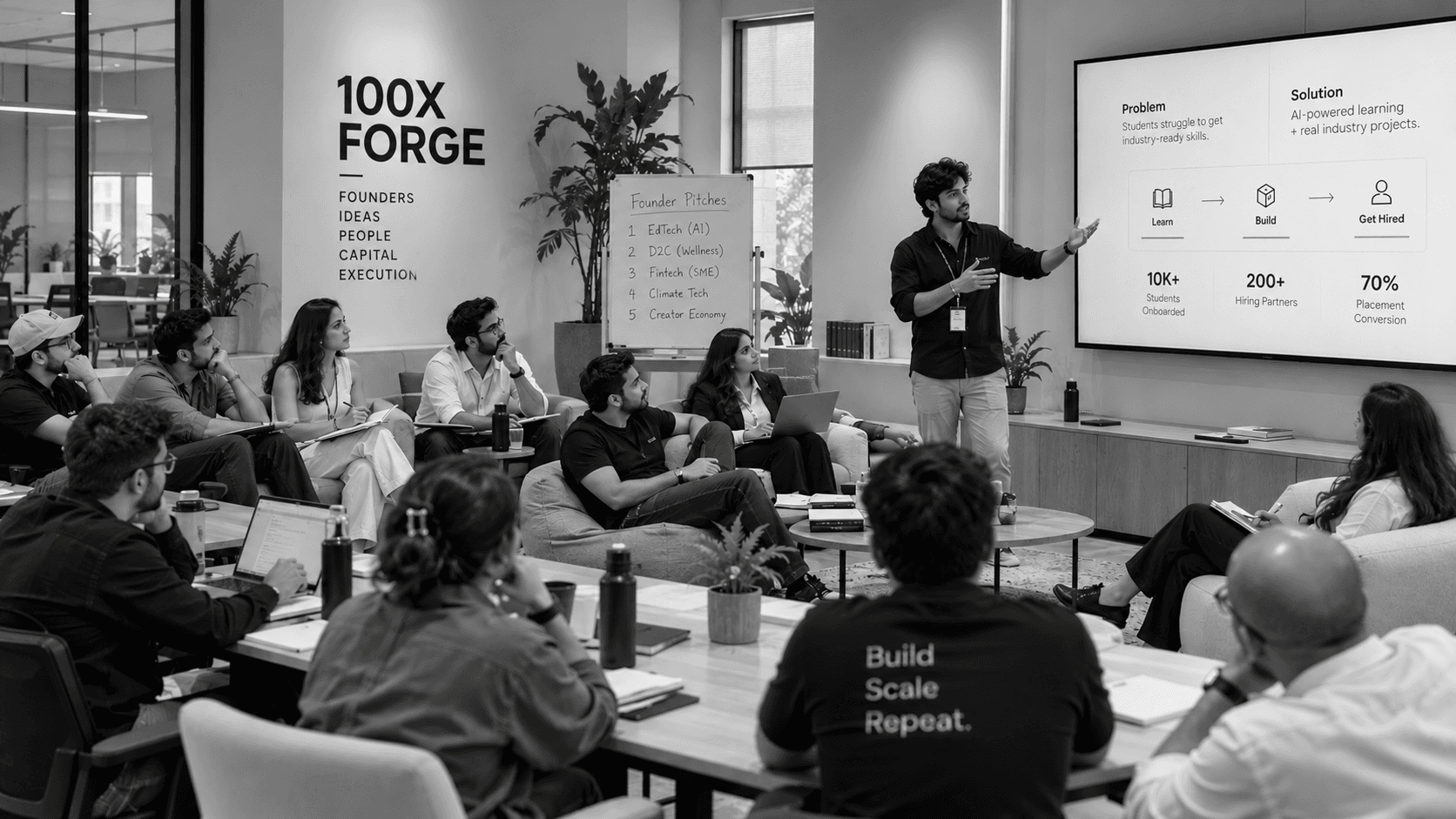 Founder pitch session at the 100X Forge villa